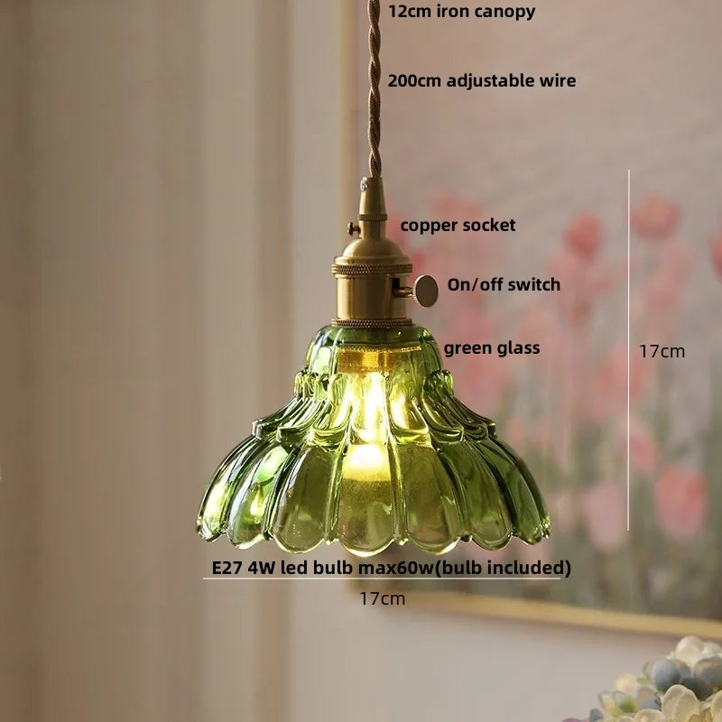 Green glass pendant light with measurements and features labeled