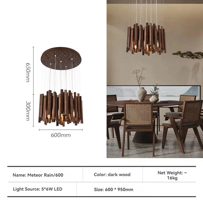 Wooden pendant light with dimensions and product details on a dining room background