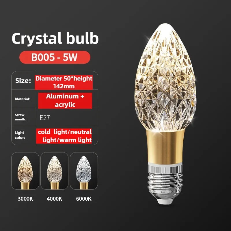 Crystal light bulb with specifications on a dark background