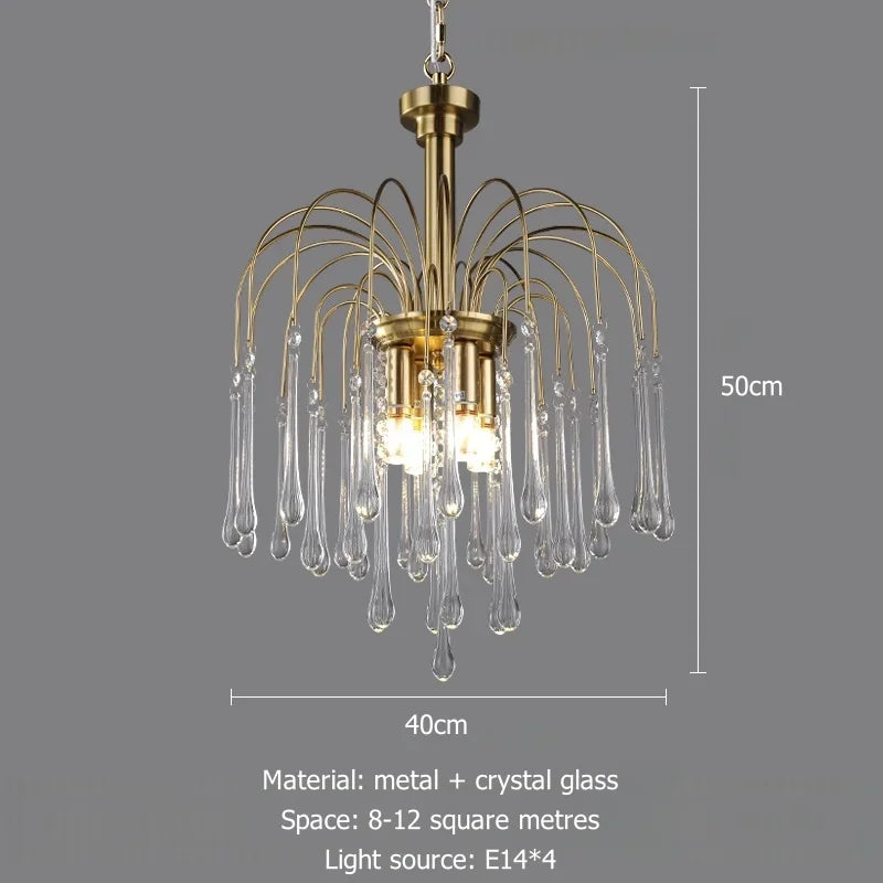 Chandelier with crystal glass elements and dimensions on a gray background