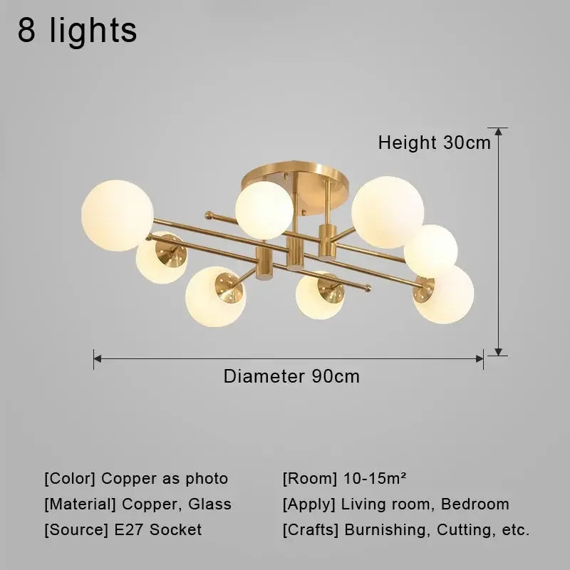 Modern ceiling light fixture with dimensions and specifications on a gray background