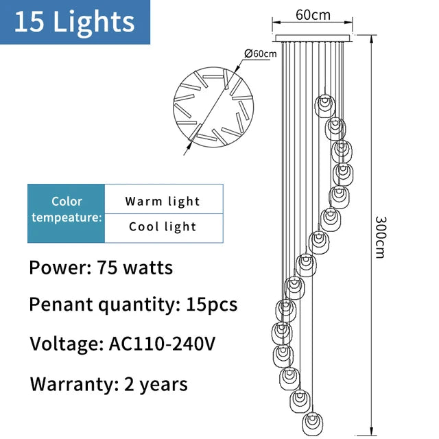 Technical drawing of a pendant light fixture with specifications including number of lights, power, voltage, and warranty.