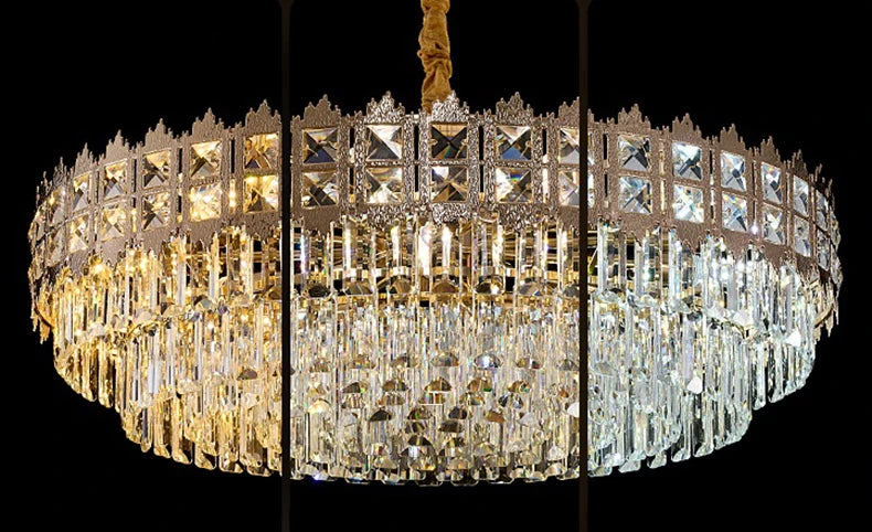 Triptych of a luxurious chandelier with crystal details on a black background