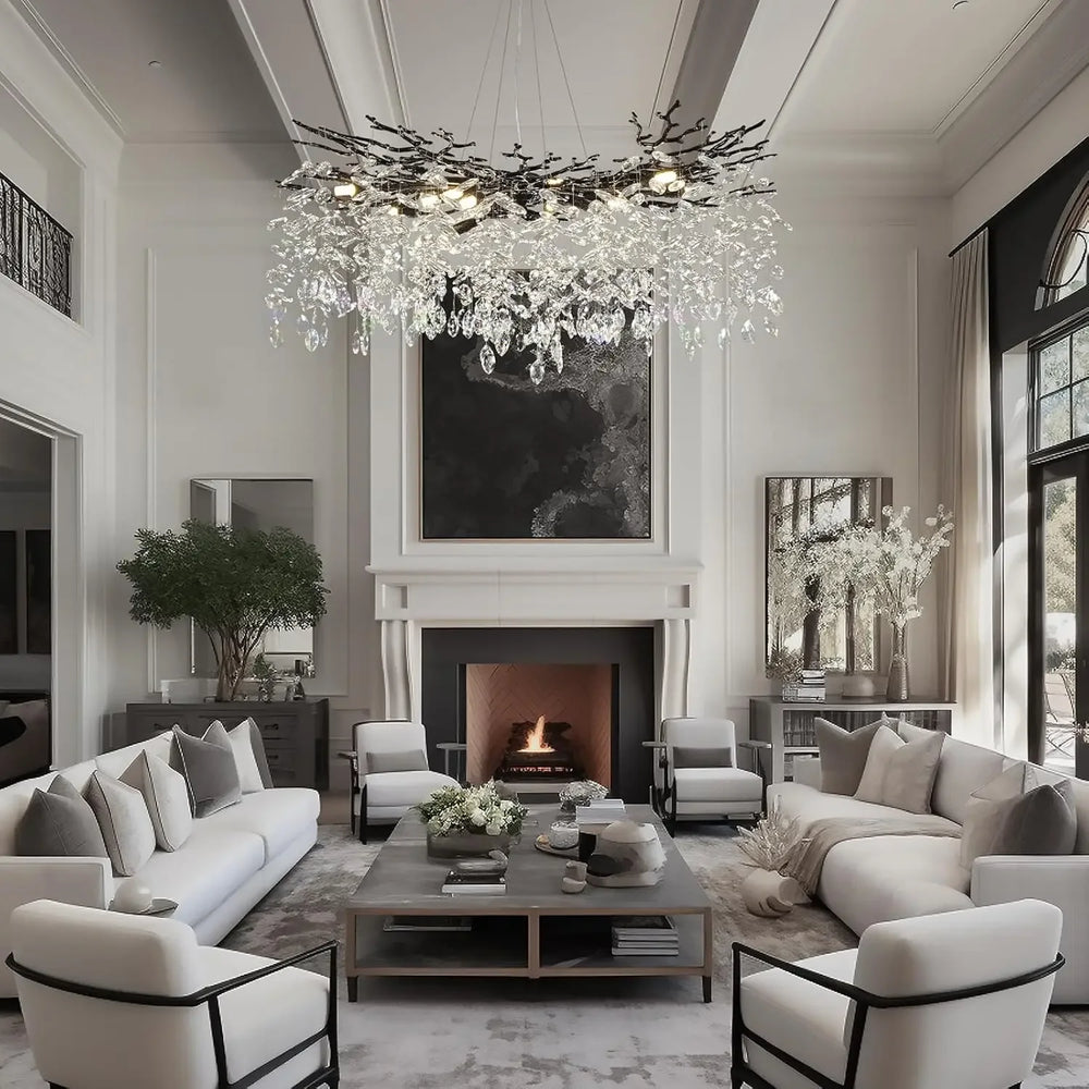 Modern living room with a chandelier, fireplace, and comfortable seating.