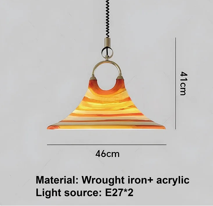 Pendant light with dimensions and material details on a gray background