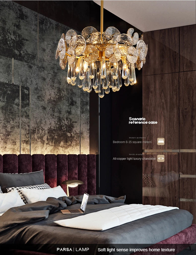 Luxury chandelier in a bedroom setting with soft light enhancing the room's texture.