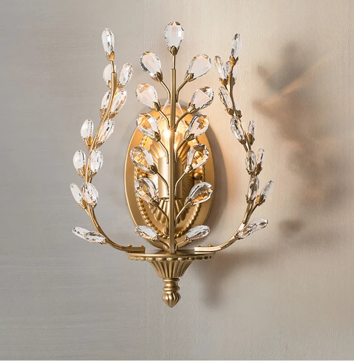 Decorative wall sconce with crystal accents on a neutral background.