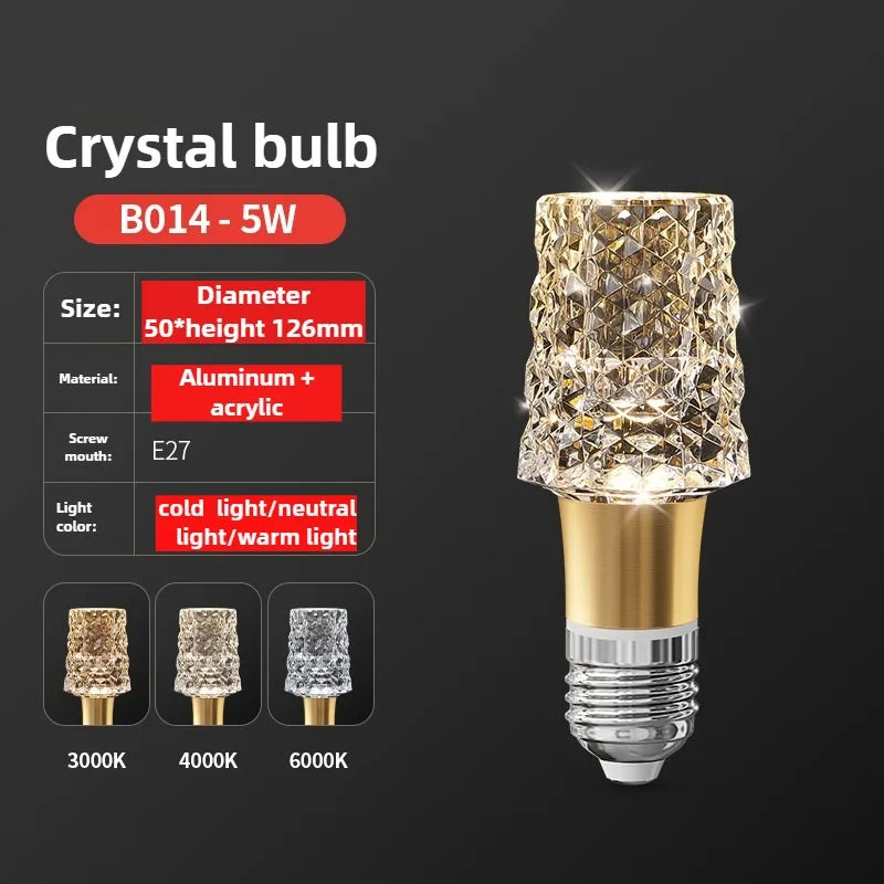 Crystal bulb with specifications on a dark background