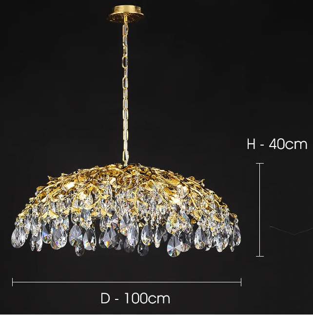 Gold chandelier with crystal details on a black background