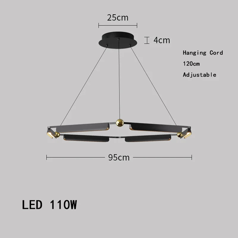 Black pendant light with dimensions and specifications on a gray background