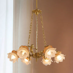 A vintage-style copper chandelier with frosted flower-shaped glass shades and cherub figures hanging from chains.