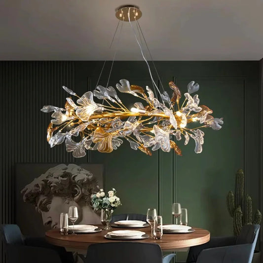 Close-up of the gold leaf and crystal accents on the chandelier.