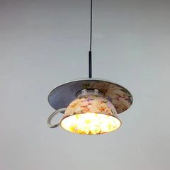 Gold Metal Frame Floral Ceramic Pendant Light with Green Leaf Accents