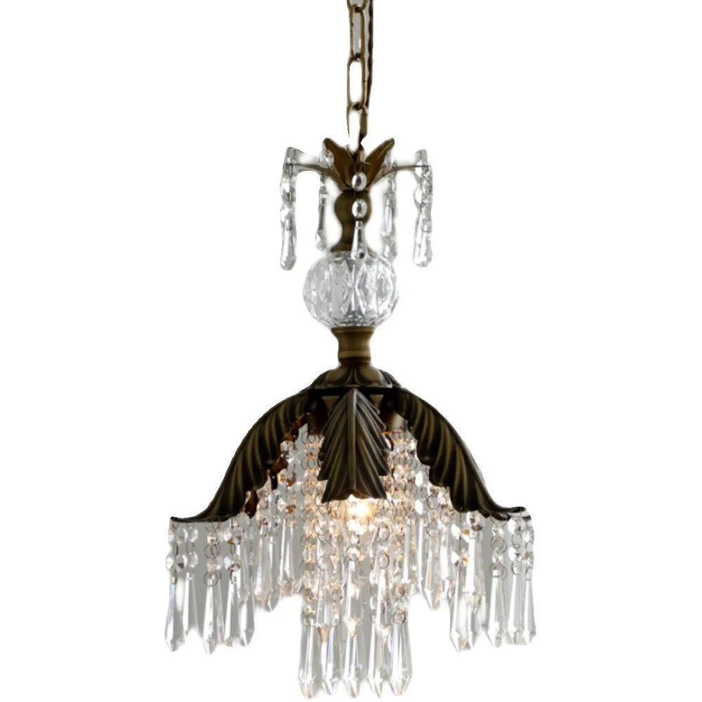 Brass crystal chandelier with a leaf-shaped canopy and cascading teardrop crystals, isolated on white background.