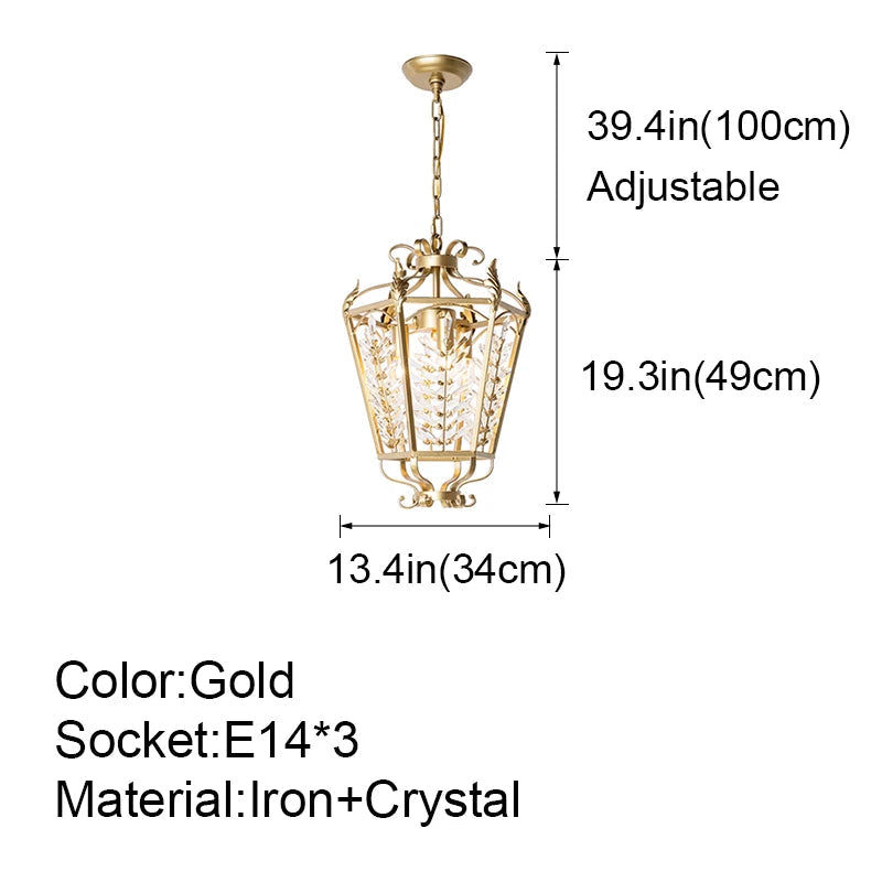 Gold pendant light with dimensions and specifications on a white background