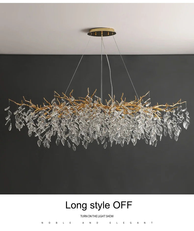 A product image showing a gold crystal branch chandelier against a dark background, with text overlay indicating 'Long style OFF'.