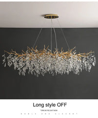 A product image showing a gold crystal branch chandelier against a dark background, with text overlay indicating 'Long style OFF'.