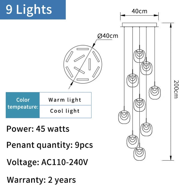 Technical drawing of a pendant light fixture with dimensions and specifications.