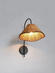 Rattan Cone Shade Wall Sconce with Black Metal Arm Natural Light
