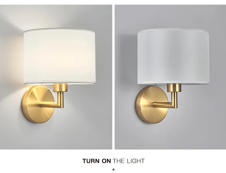 Two wall sconces with gold fixtures and white lampshades on a gray background.