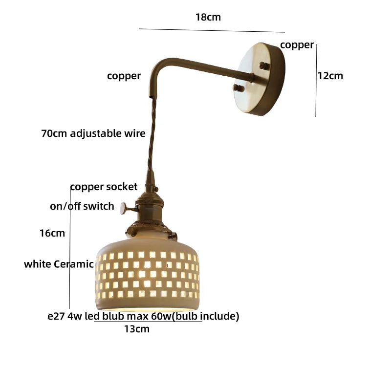 Wall-mounted lamp with labeled dimensions and parts on a white background