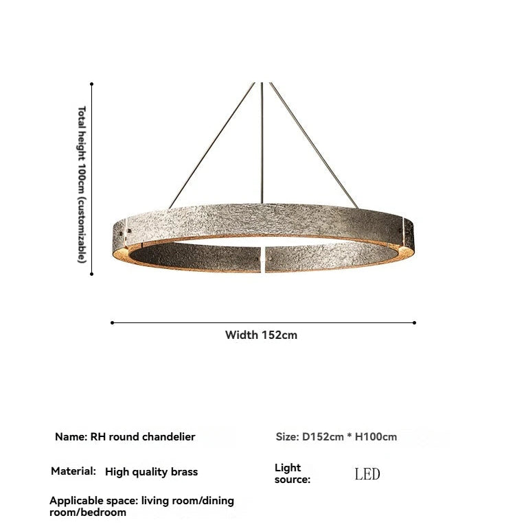 RH round chandelier with dimensions and material details on a white background