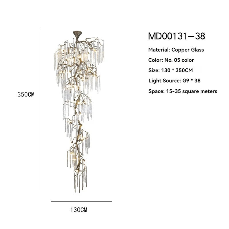 A vertical diagram showing the dimensions of a large, cascading crystal chandelier, with a height of 350cm and width of 130cm.