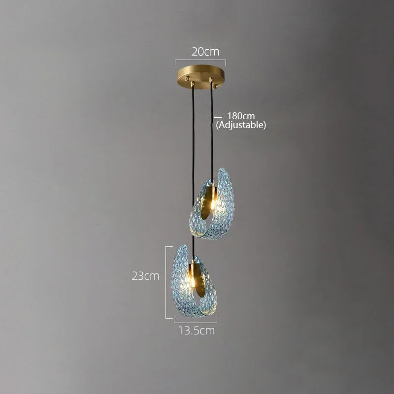 Modern pendant light with adjustable dimensions on a gray background