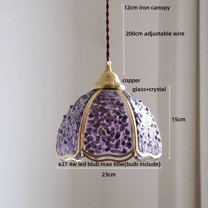 Purple glass pendant light with measurements on a neutral background