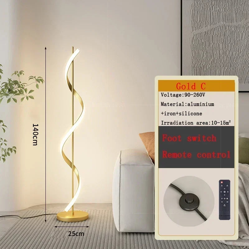 Gold floor lamp with remote control and foot switch in a room setting