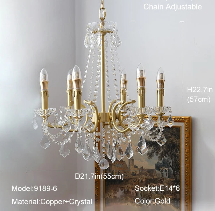 Gold chandelier with crystal accents, dimensions.