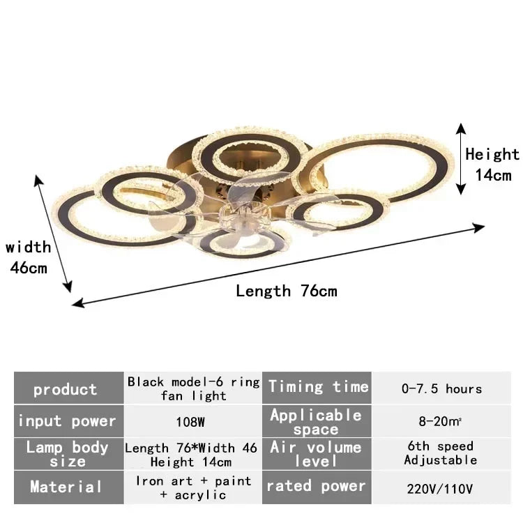 Ceiling fan light with dimensions and specifications on a white background