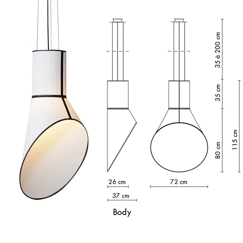 Pendant light with dimensions on a white background