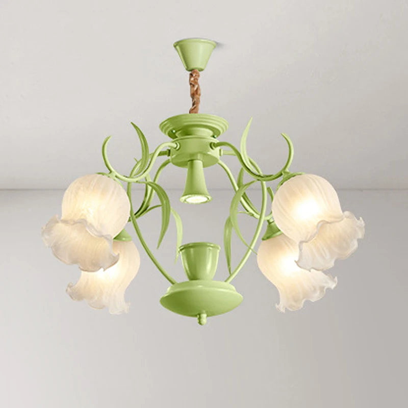 Green floral tulip semi-flush ceiling light fixture shown against a white ceiling