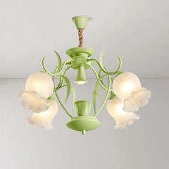 Green floral tulip semi-flush ceiling light fixture shown against a white ceiling