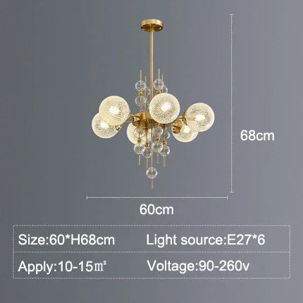 Gold chandelier with glass bulbs on a gray background, including dimensions and technical details.