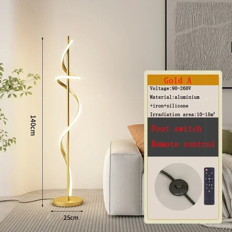 Gold floor lamp with remote control and foot switch in a room setting