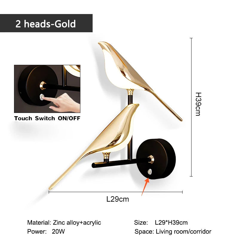 Gold wall sconce with touch switch on/off feature, dimensions, and material details.