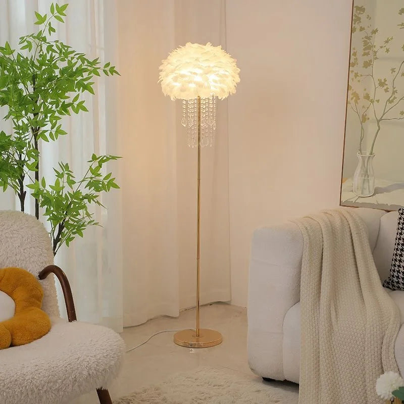 Decorative floor lamp in a living room setting with a plant and furniture.