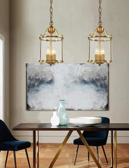Gold Lantern Pendant Light with Clear Glass Shade and Metal Frame