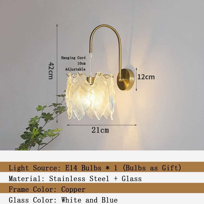 Wall-mounted lamp with dimensions and product details on a gray background