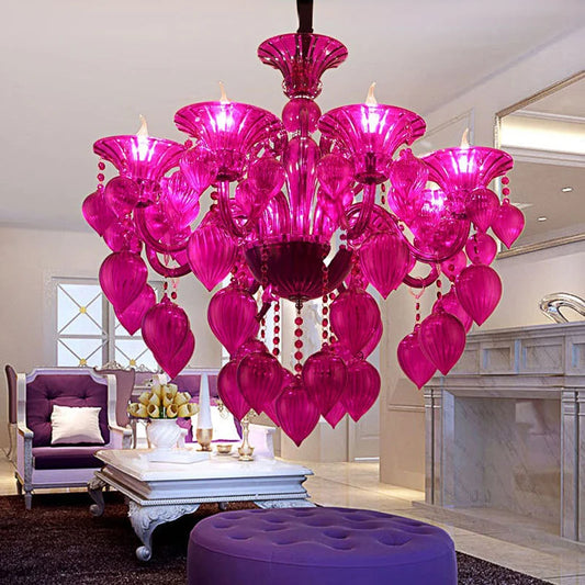 Pink lotus leaf bud shaped crystal chandelier in a living room setting