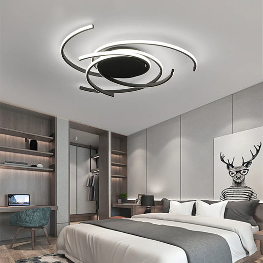 Close-up view of the black spiral swirl LED flush mount ceiling light showing the intricate design.