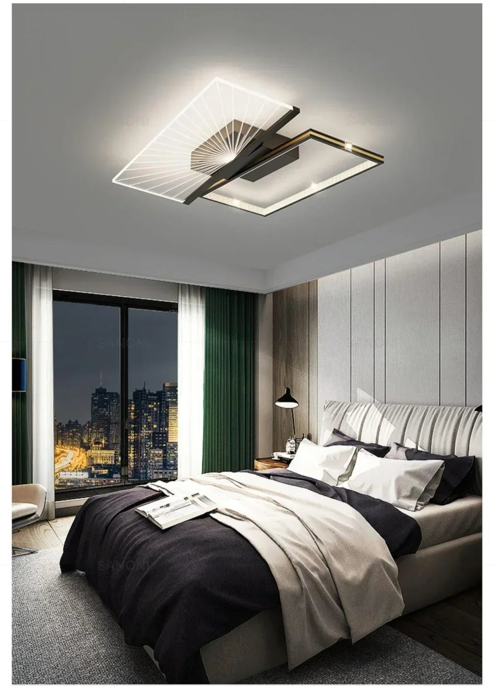 Rectangular LED ceiling light with layered geometric panels, installed in a bedroom.