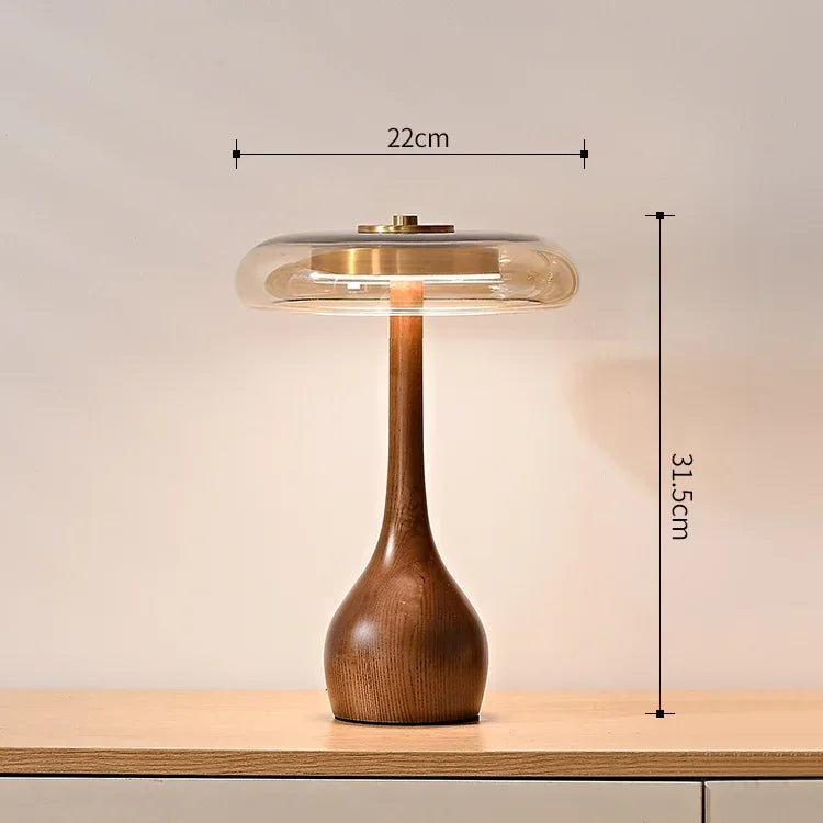 Wooden table lamp with dimensions on a neutral background