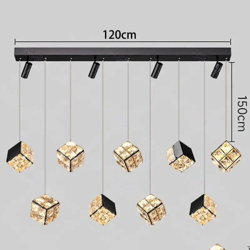 Chandelier with crystal cube lights and measurement labels on a gray background