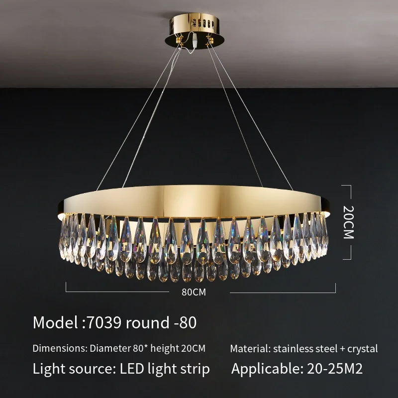 Gold chandelier with crystal accents on a dark background