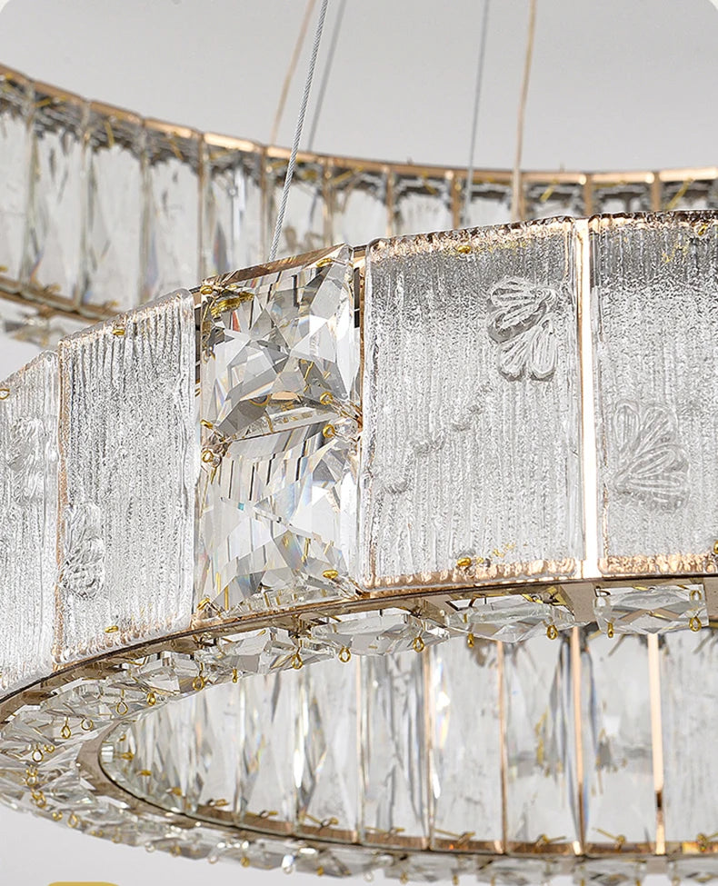Close-up of a crystal chandelier with intricate design