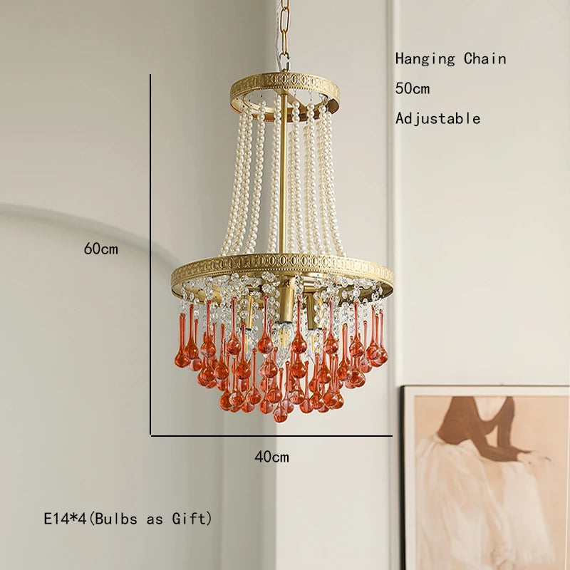 Chandelier with measurements and bulb information on a neutral background