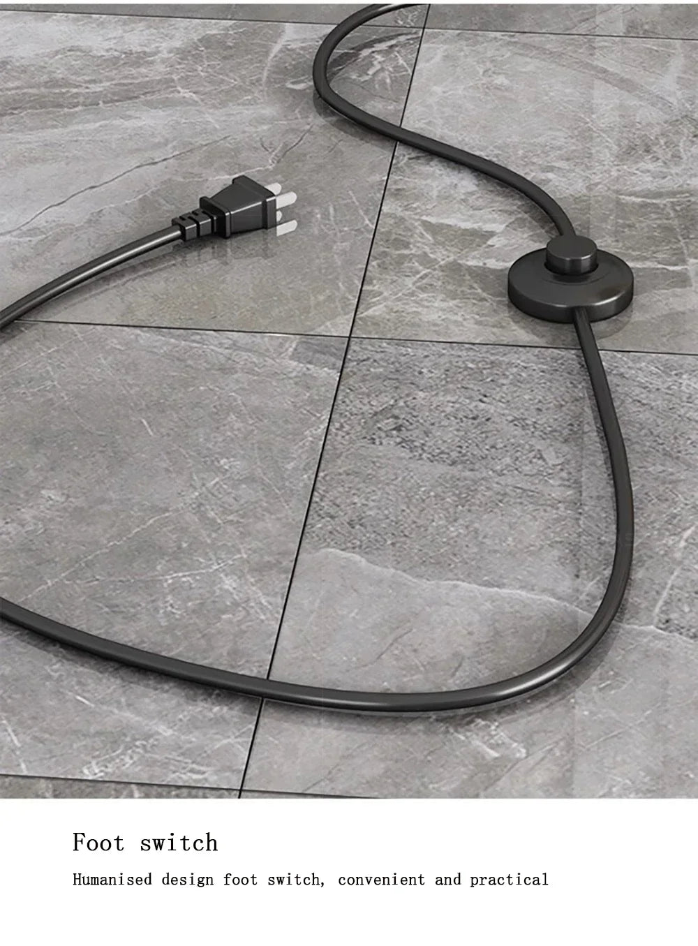 Foot switch on a tiled floor with text indicating its convenience and practicality.